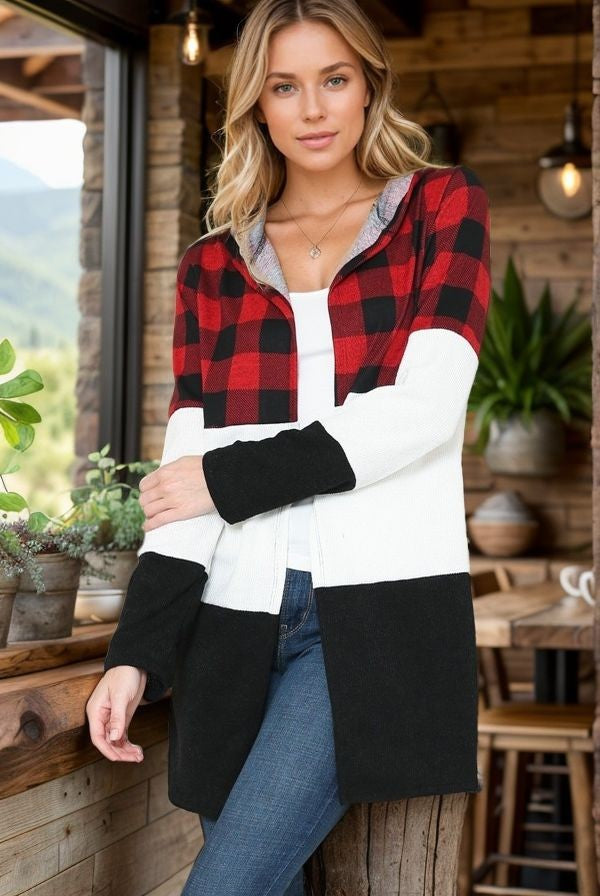 Plaid Color Block Hooded Cardigan