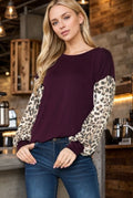Plum Leopard Color-block Long Sleeve Top