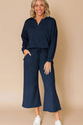 Navy Textured V Neck Set