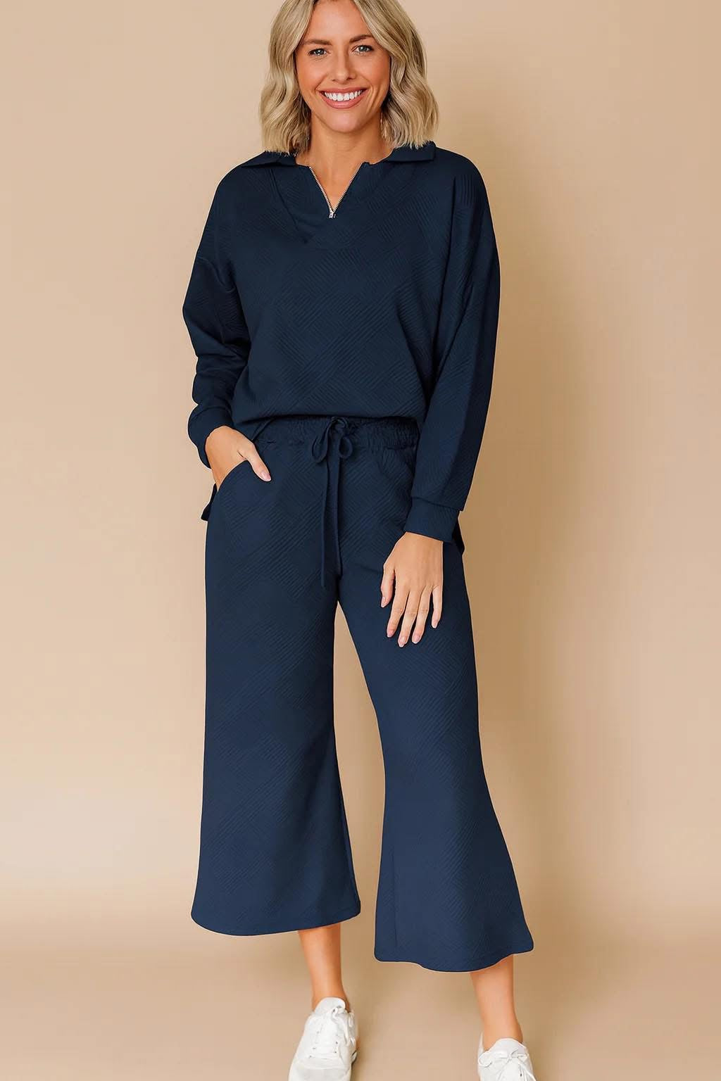 Navy Textured V Neck Set