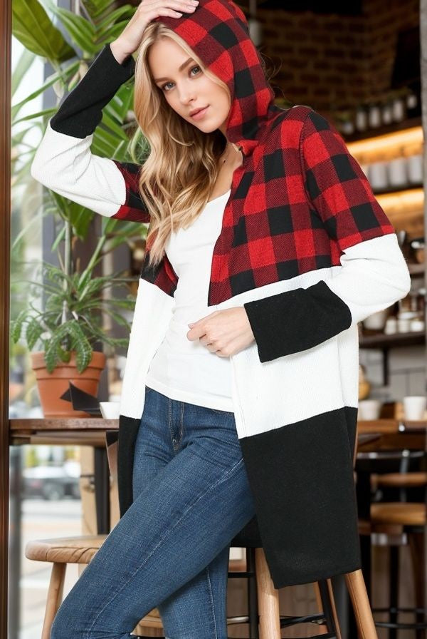 Plaid Color Block Hooded Cardigan