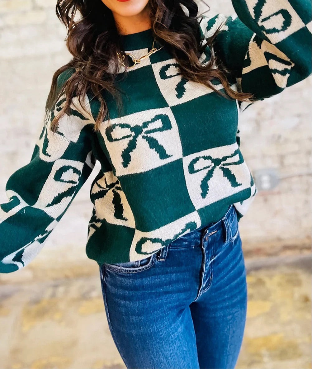 Green Checkered Bow Sweater