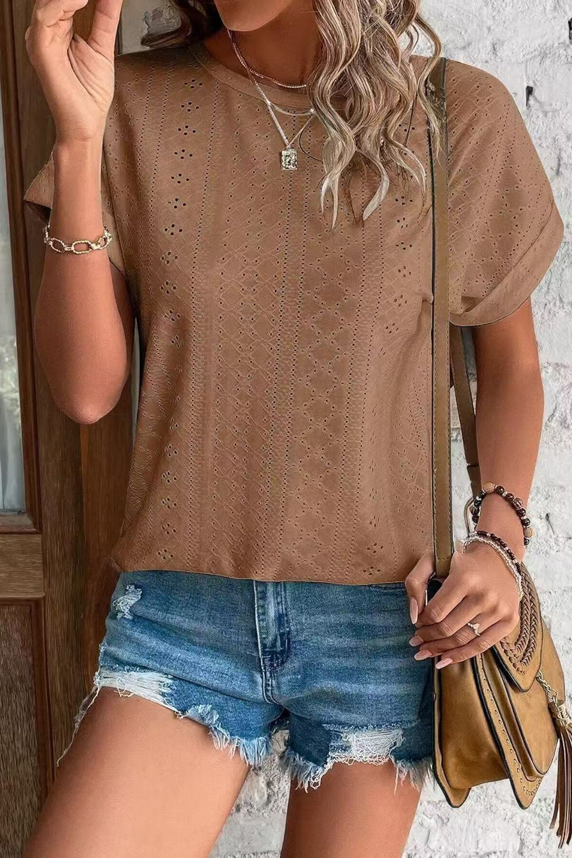 Eyelet Crew Neck Loose Fit Tee