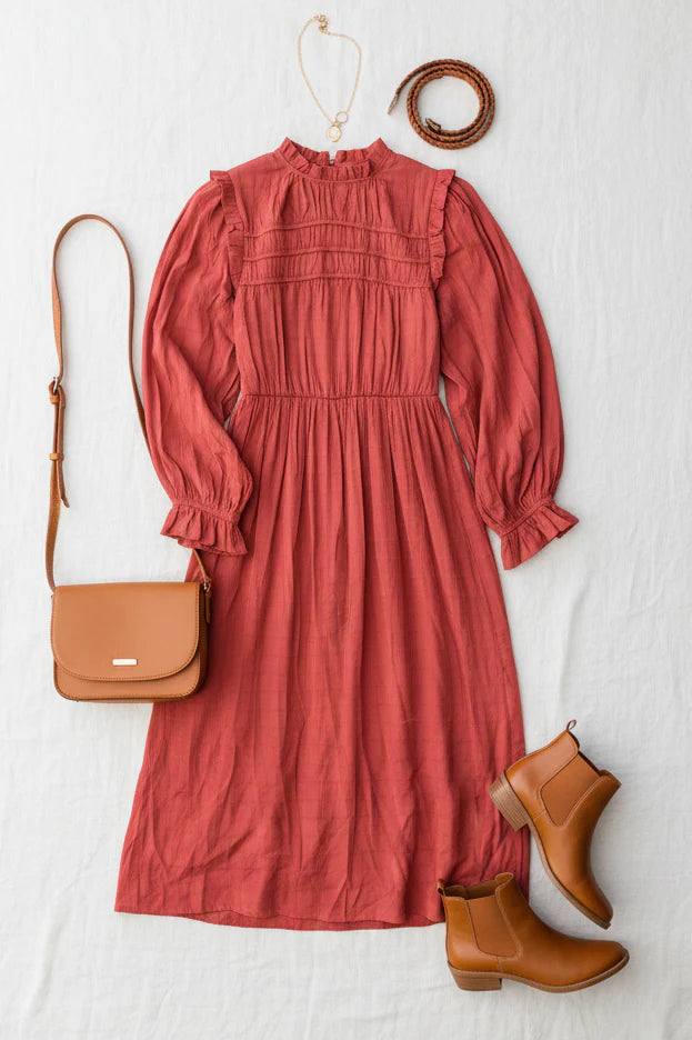 LOVE FOUND RUST MOCK NECK EMBOSSED LINED DRESS